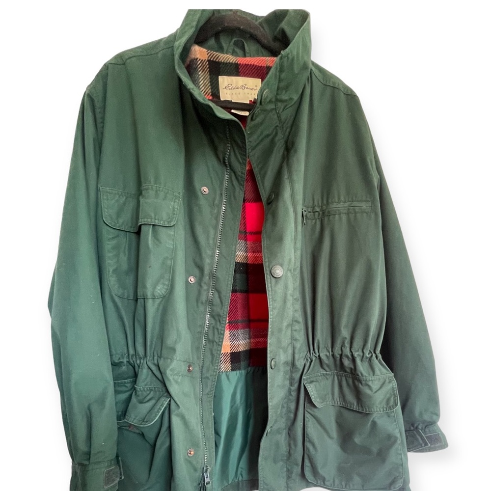 EDDIE BAUER Vintage Men’s Green Plaid Wool Lined Coat Mountain Parka Jacket. LG